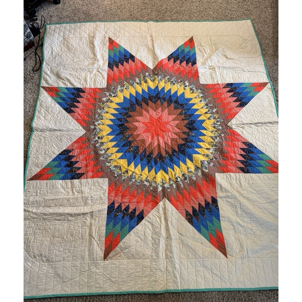 Vintage Handmade Lone Star Scrap Quilt Large Center Medallion Teal Border